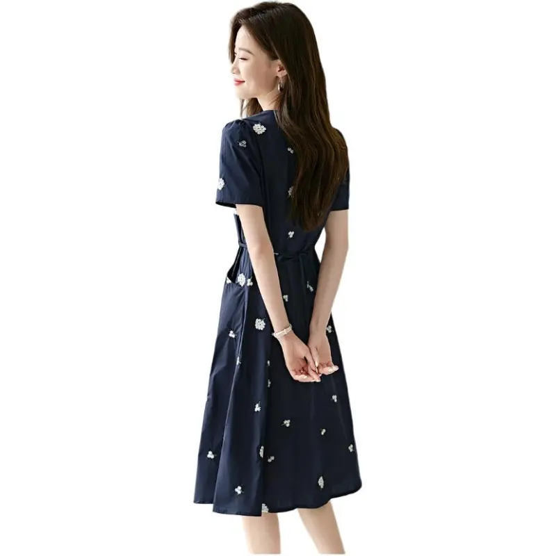 Mo Han Yi Mei Short Sleeved Dress Women's Navy Blue-4