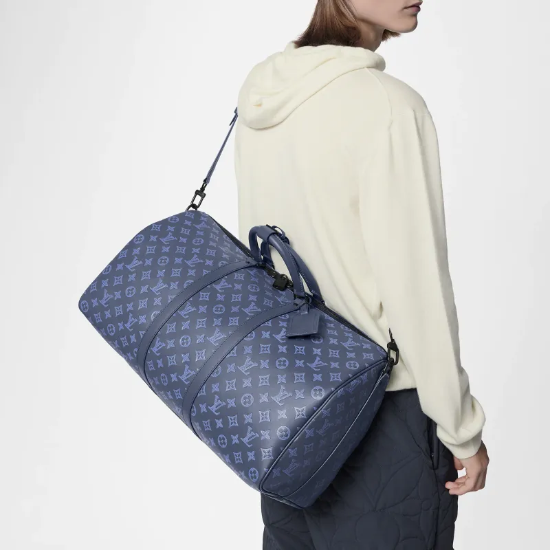 LOUIS VUITTON Keepall With Cow Leather Monkey Bag, Travel Bag, Shoulder Bag, Crossbody Bag, Handbag Men's Marine Blue-10