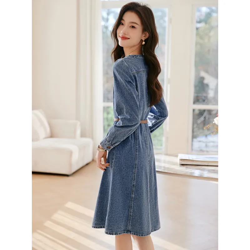 Mo Han Yi Mei Long Sleeved Dress Women's Denim Blue-6