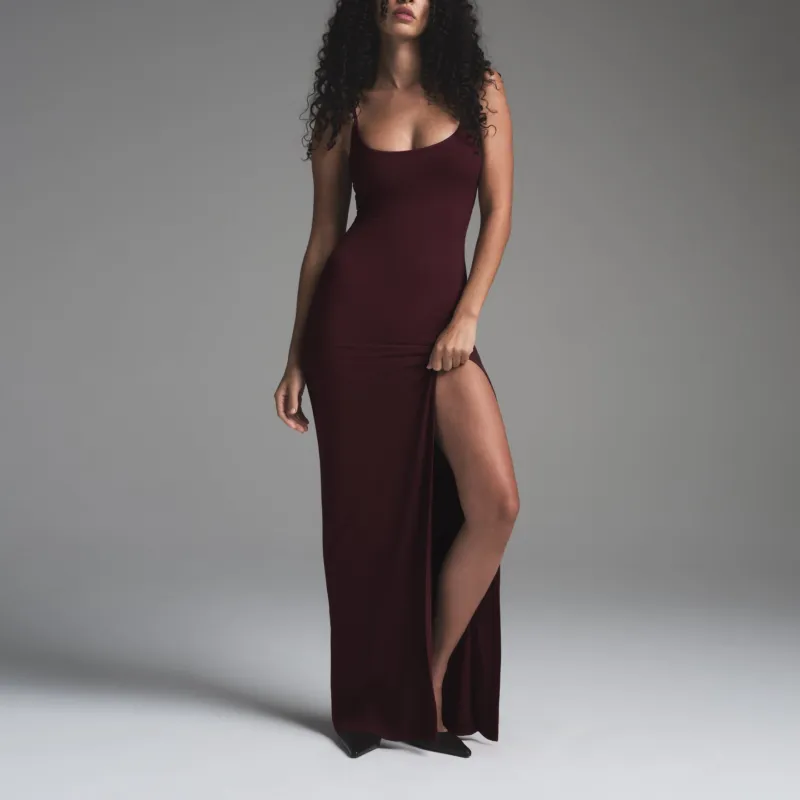 SKIMS FW24 SOFT LOUNGE CAMI SLIT LONG DRESS Slip Dresses Women's Bordeaux/Burgundy-1