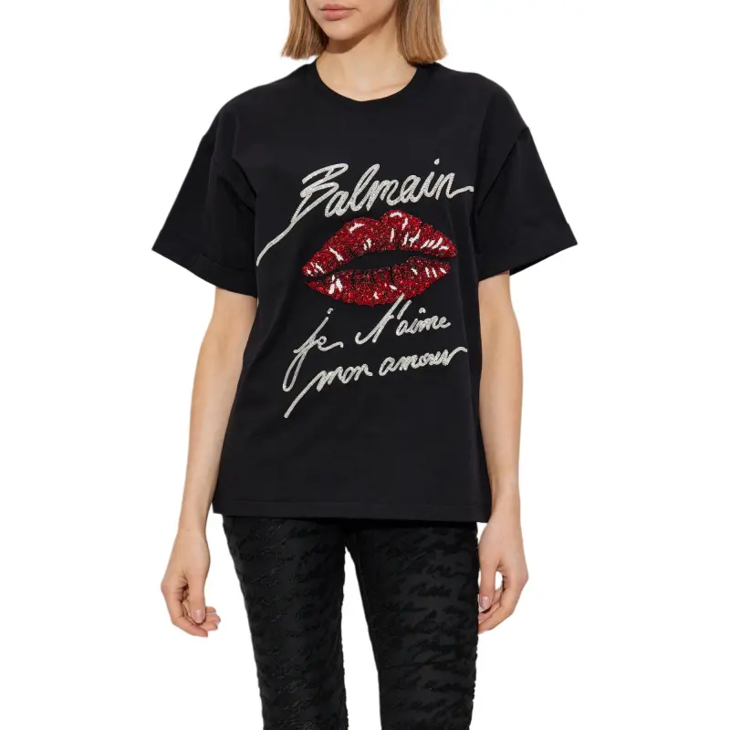 BALMAIN Logo Embellished Crewneck T Shirt-2