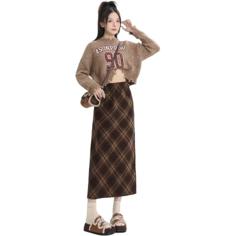Kazakhstan Casual Long Skirts Women's Coffee Plaid-3