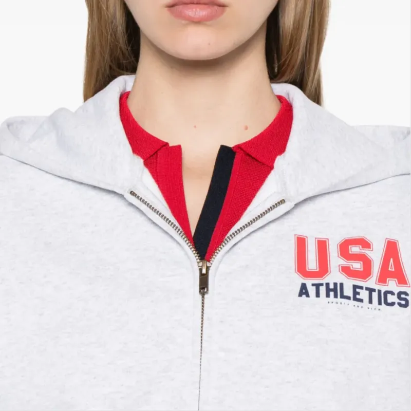 SPORTY & RICH Usa Athletics Cropped Zip Hoodie 'Heather Grey/Sports Red/Navy'-4