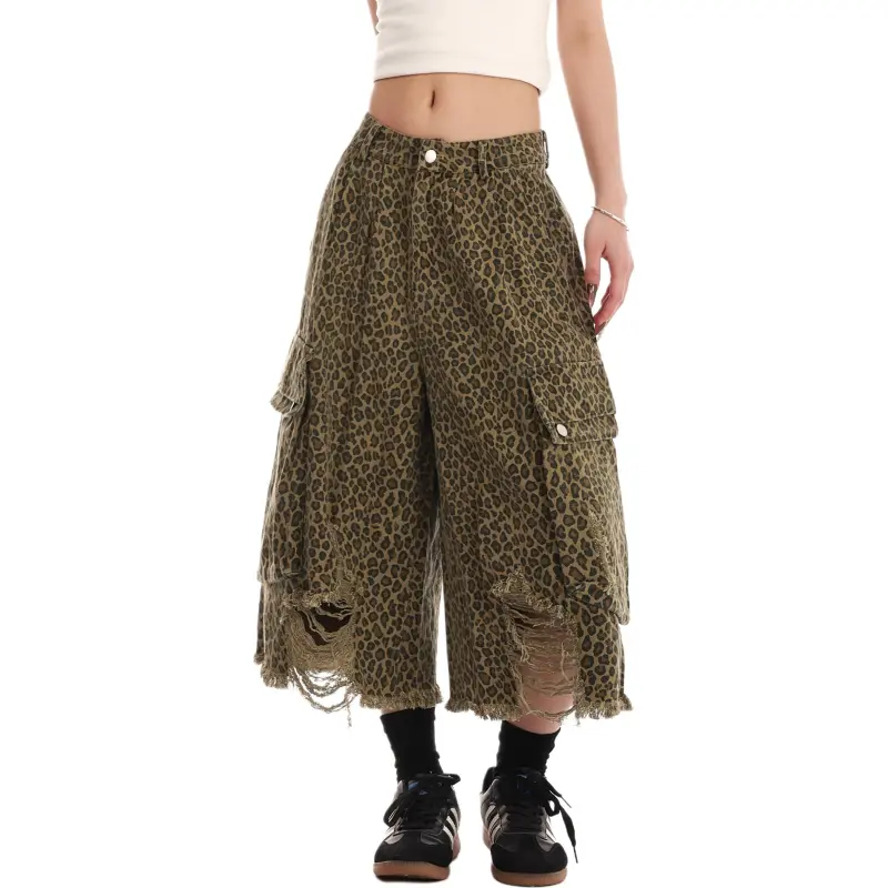 VINMUK Denim Shorts Unisex Leopard Print-3