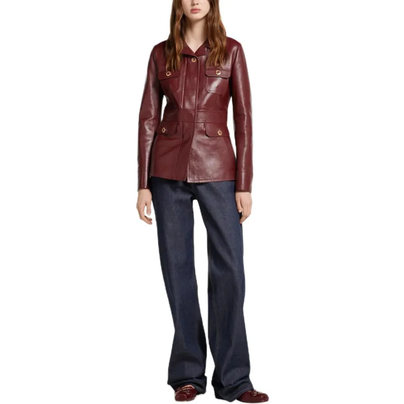 GUCCI Leather Jacket Women's Red-2