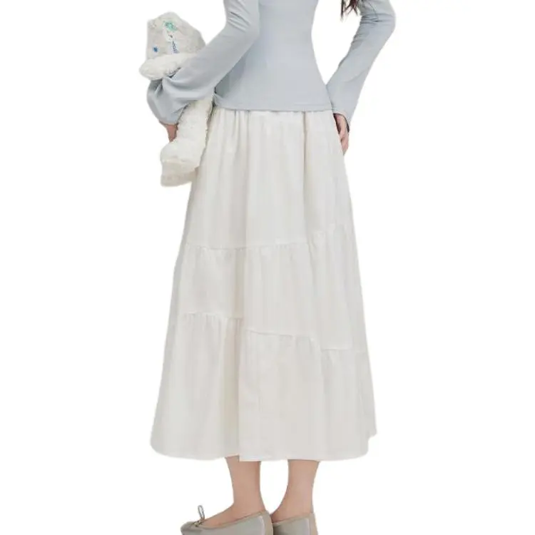 XUANSHU Casual Long Skirt Women's White-4