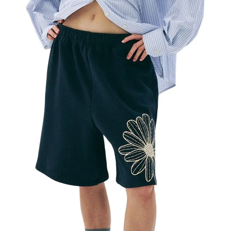 MARDI MERCREDI SS25 OVERSIZED SWEAT BERMUDA FLOWER_NAVY CREAM Casual Shorts Korean Style Women's Marine Cream-1