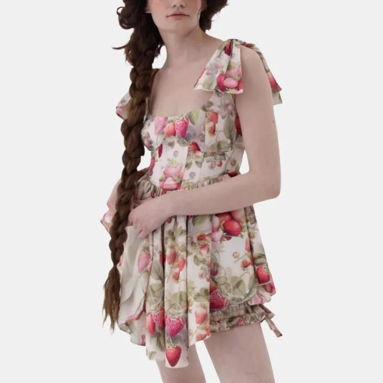 Selkie Collection SS24 Short-Sleeved Dresses Women's Light Apricot Base With Strawberry Print-1