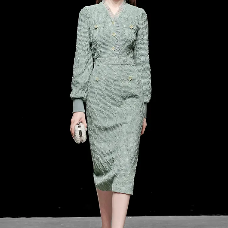 Duffy fashion Long Sleeved Dresses Women's Light Green-2