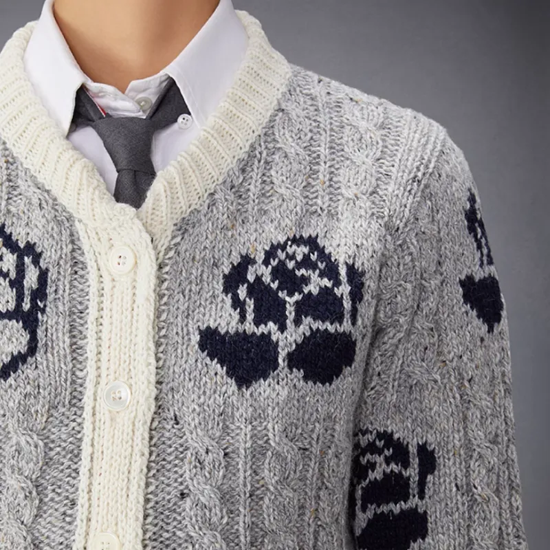 THOM BROWNE Donegal Cable Check Cropped Crew Neck Cardigan-2