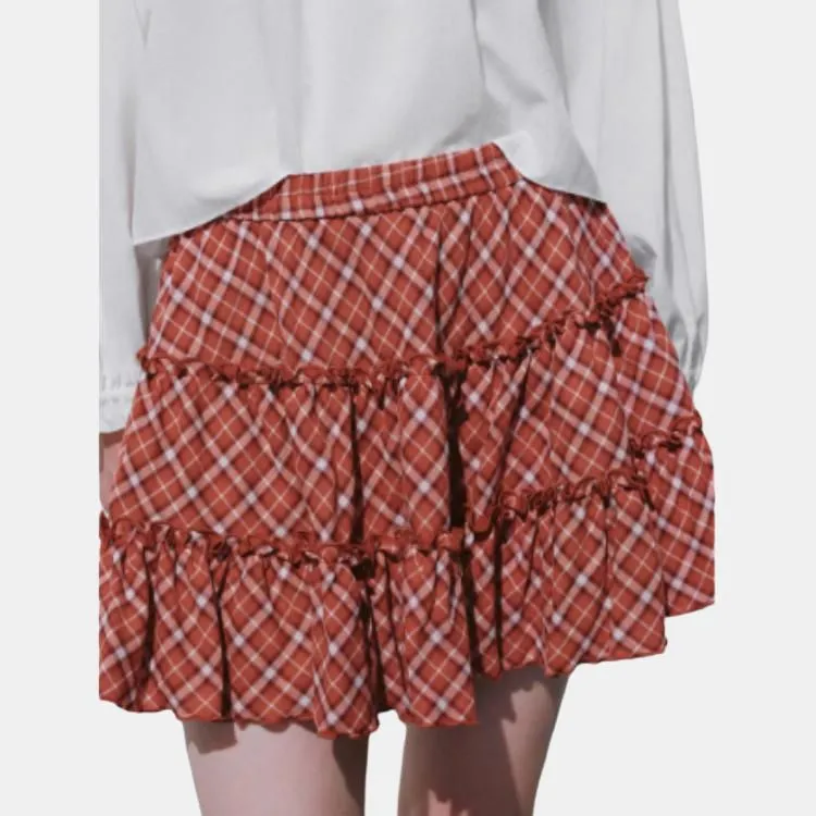 URBAN REVIVO Casual Short Skirts Women's Red Plaid-4