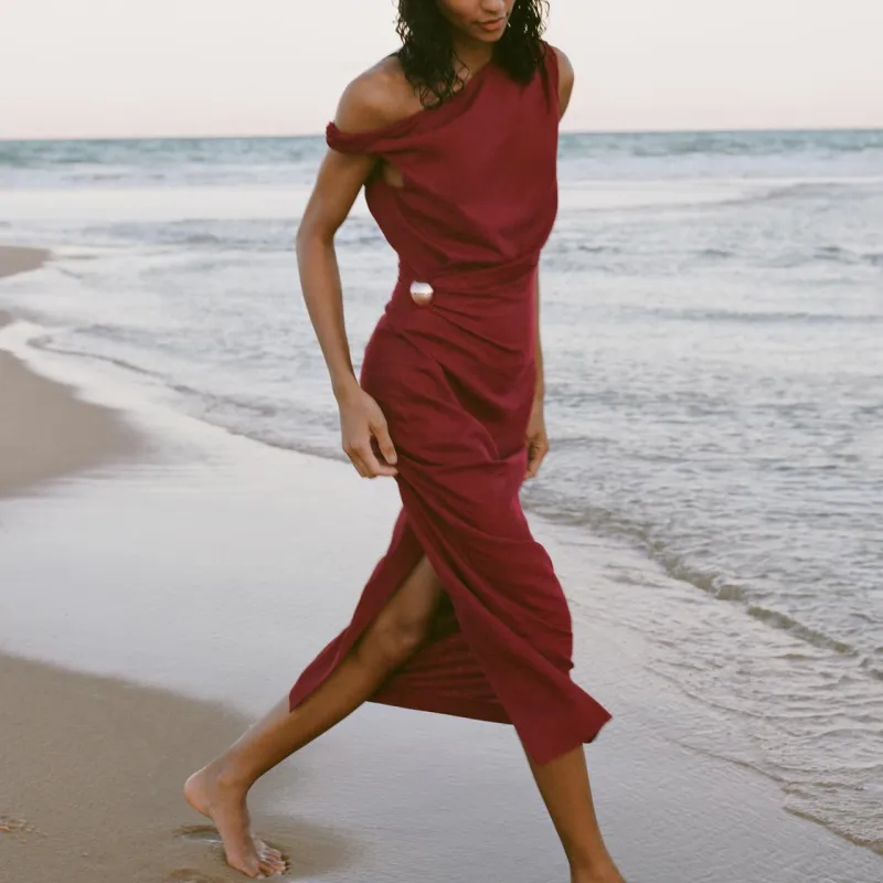 ZARA Sleeveless Dress Women's Dark Red-2