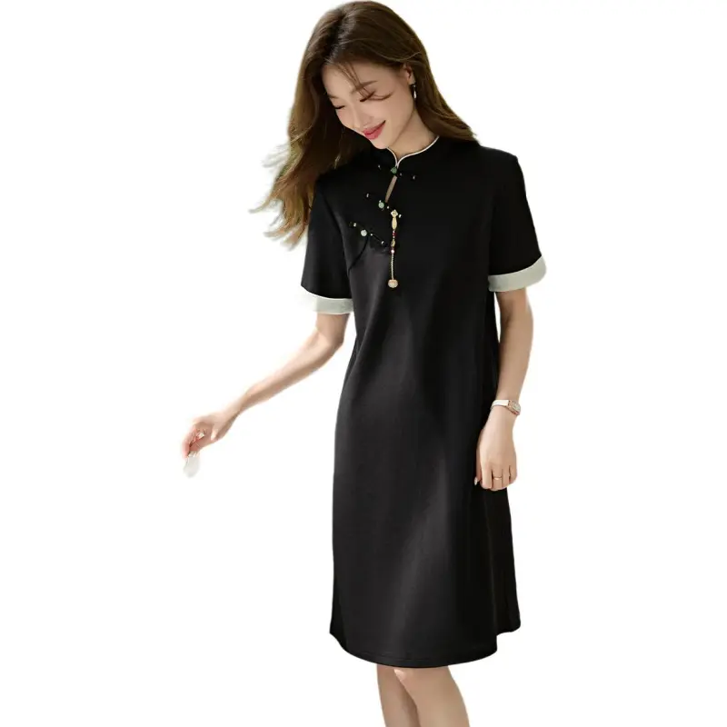 Mo Han Yi Mei SS24 Short Sleeved Dresses Women's Black & Green-3