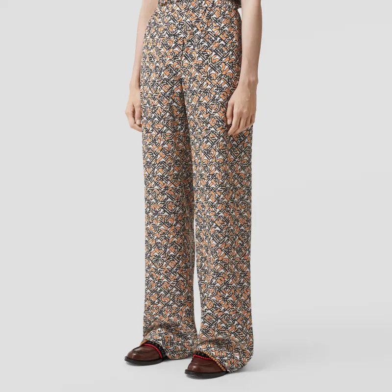 Burberry Monogram Print Silk Wide Leg Trousers Orange Multi-3