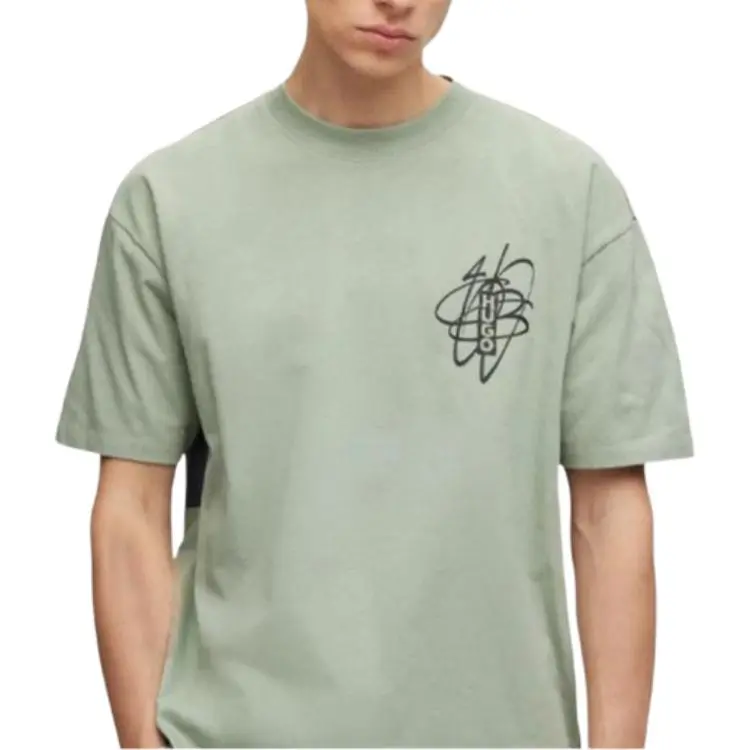 HUGO BOSS Oversized Fit Cotton T Shirt With Streetwear Artwork T Shirt Men's Green-3