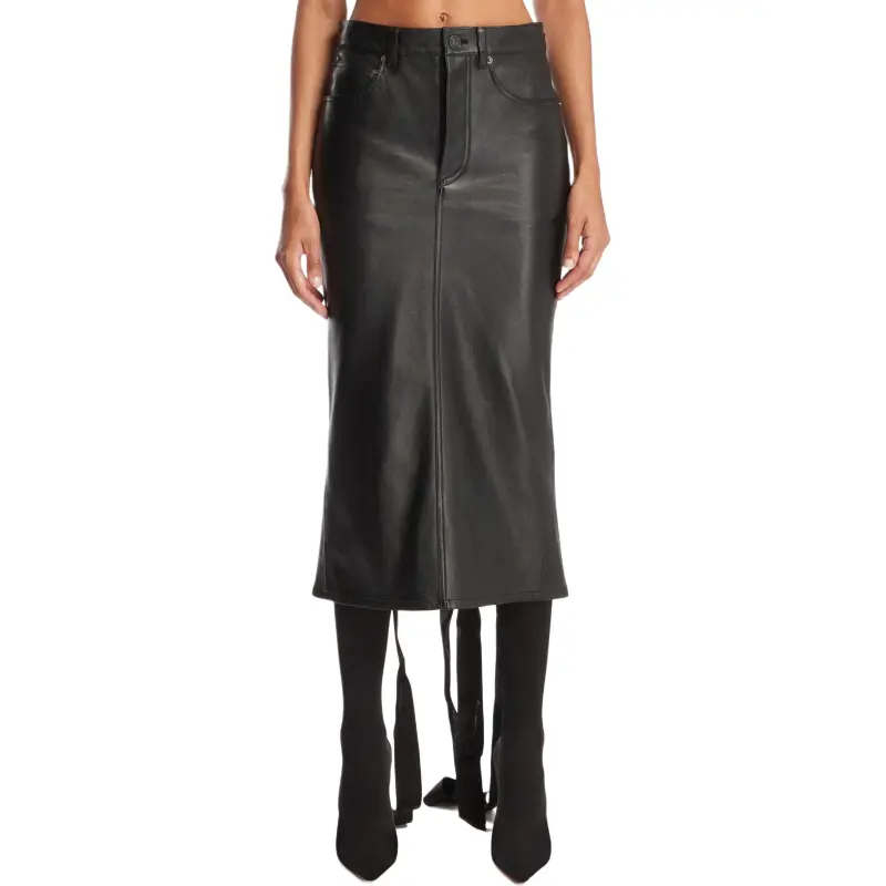 Balenciaga Leather Long Skirt Women's Black-2