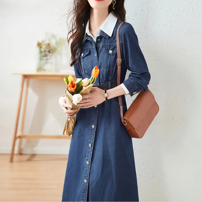 Mo Han Yi Mei Long Sleeved Dress Women's Denim Blue-2