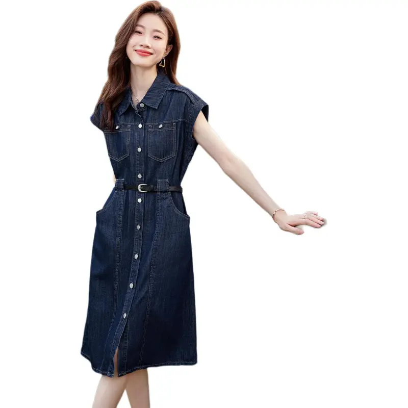 Mo Han Yi Mei Sleeveless Dress Women's Denim Blue-1