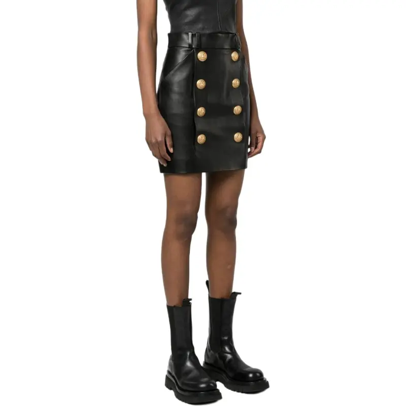 BALMAIN Logo Button Embellished Leather Skirt-4