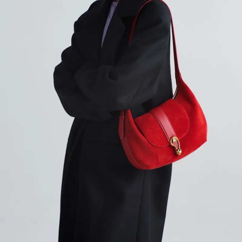 Simedin Cow Leather Saddle Bag, Shoulder Bag Medium Size Women's Burnt Red-7