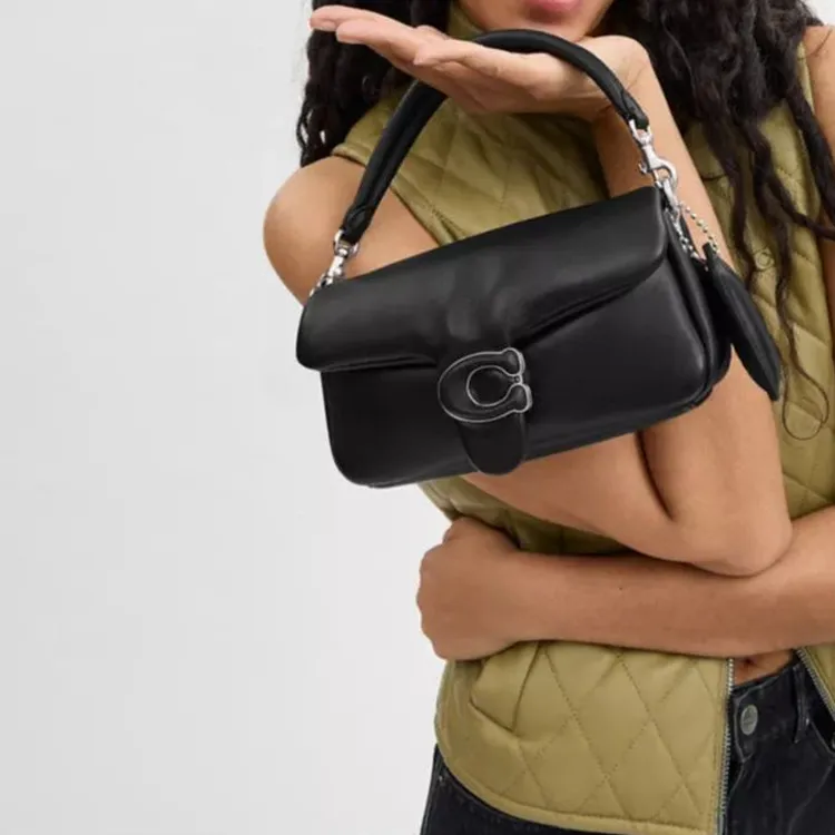 COACH Pillow Leather Shoulder Bag Small Size Women's Silver With Black-7