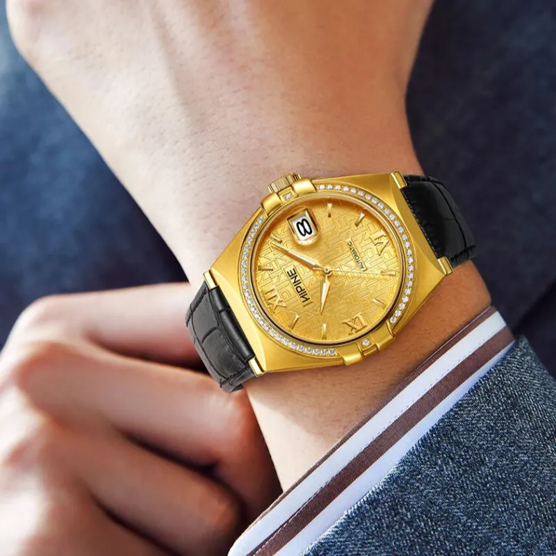 HIPINE WeiYi Series Transparent Cut Out Automatic Mechanical Movement Cow Leather Strap Watch Men's Watches Gold Dial-3