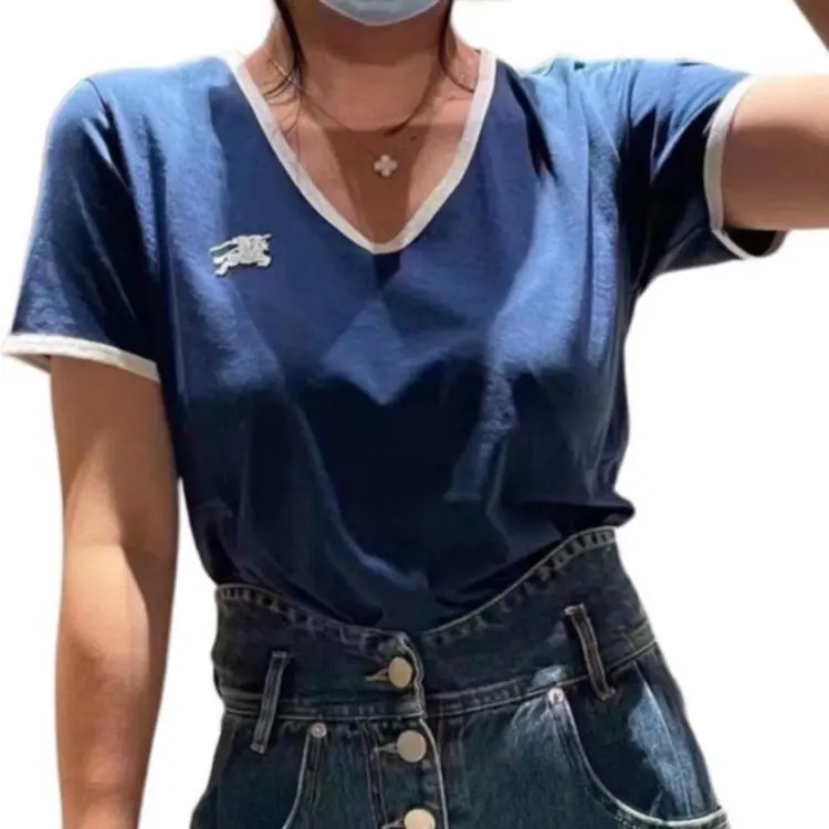 Burberry Women's Embroidered Monogram Ekd V Neck T shirt Blue/White-2