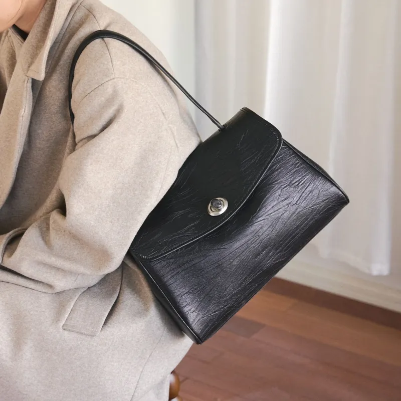 Simedin Cow Leather Crossbody Bags Shoulder Bags Large Size Women's Deep Black/Antique Silver-2