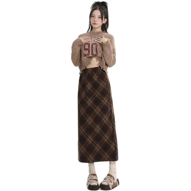 Kazakhstan Casual Long Skirts Women's Coffee Plaid-5