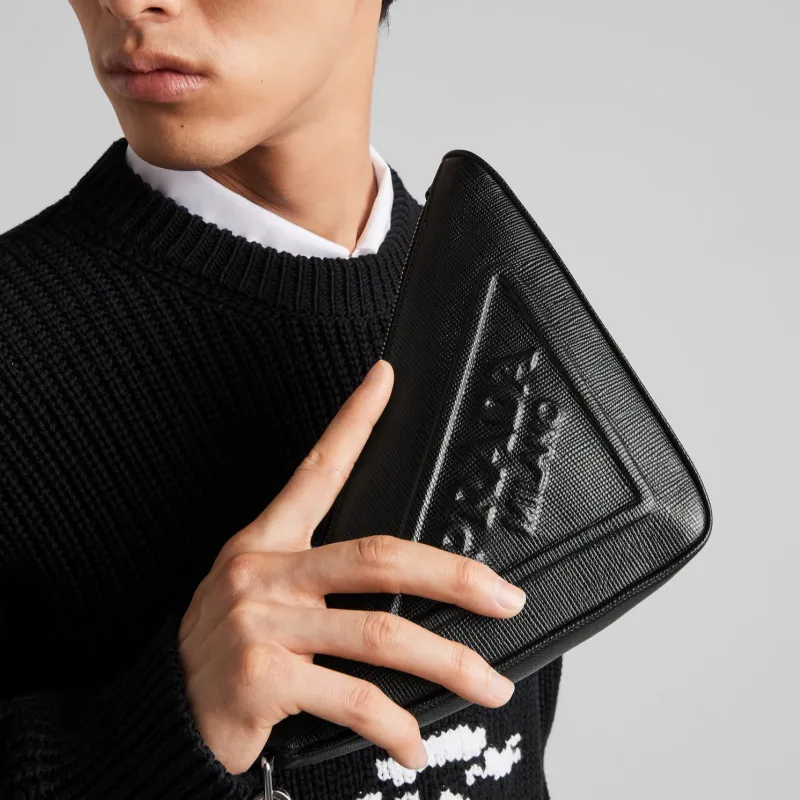 PRADA Triangle Leather Clutch Regular Men's Black-3