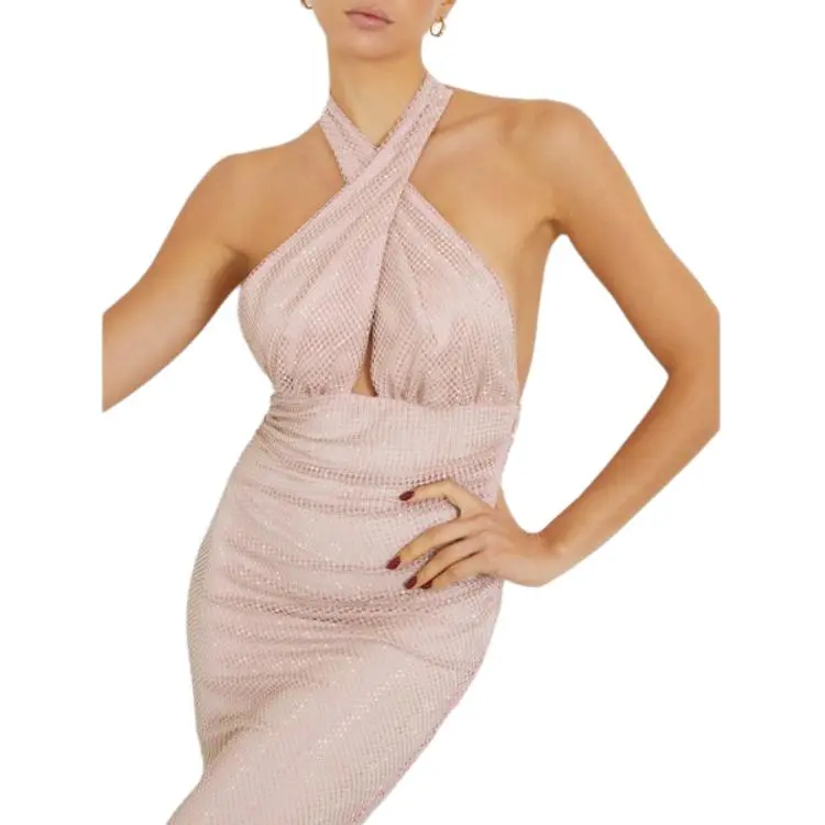 GUESS Rhinestone Halter Dress Sleeveless Dress Women's Pink-4