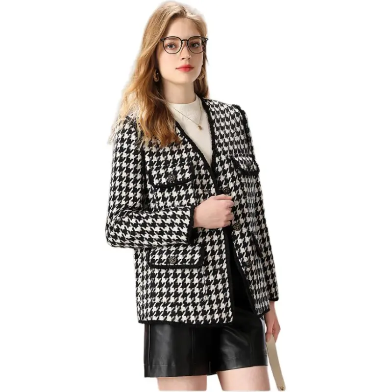 FENHONGMALI Jackets & Coats Women's Black White Plaid-1