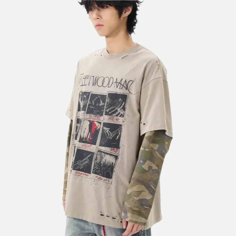 WLNEXT T Shirts Handsome High Quality Camouflage Stitched Tops Tide Unisex Khaki-2