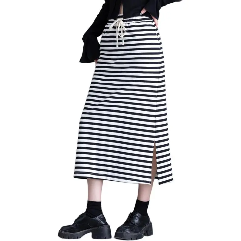 You Cow Me Pants Casual Long Skirts Women's Black White Stripes-5