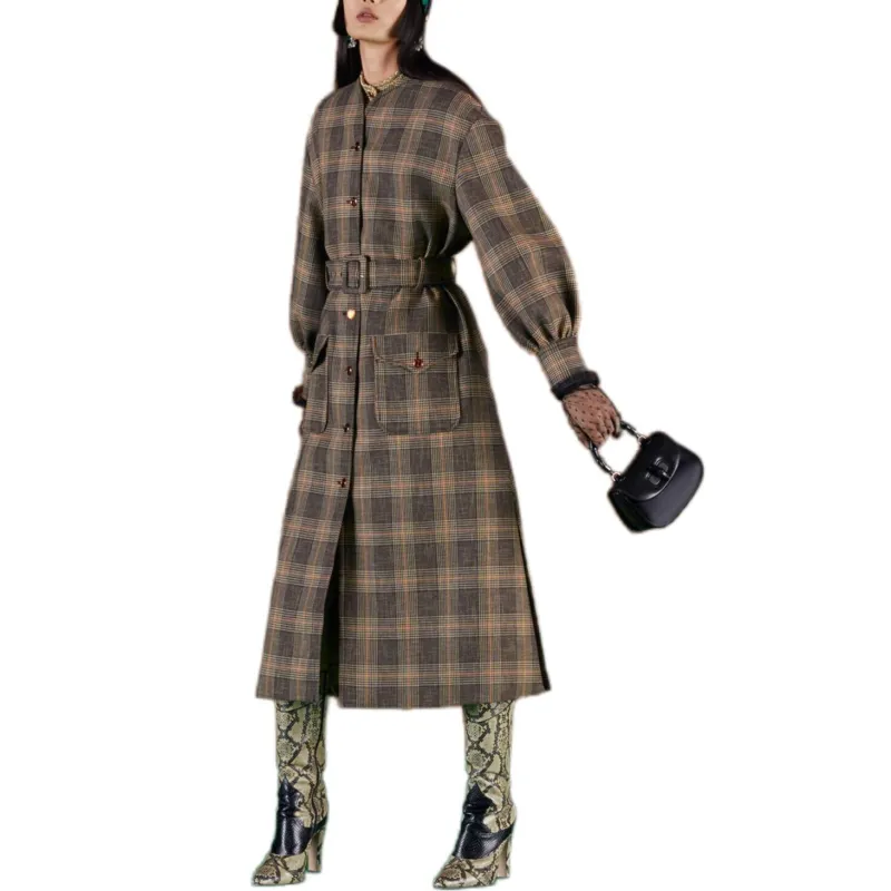 GUCCI Prince Of Wales Check Belted Mid-Length Coat-1