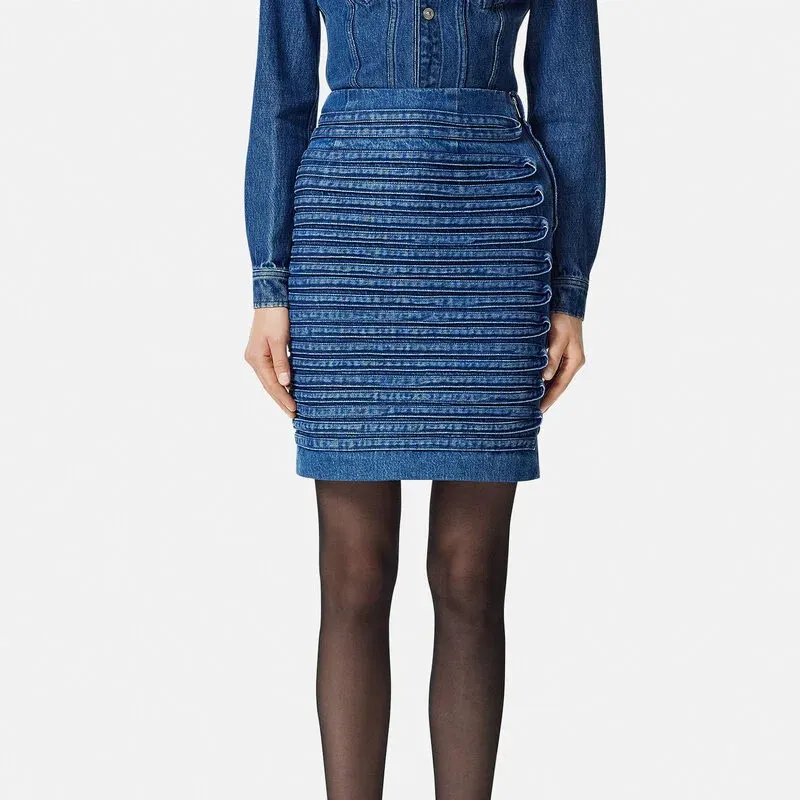 VERSACE High Waist Panel Detailed Denim Mini Skirt-1