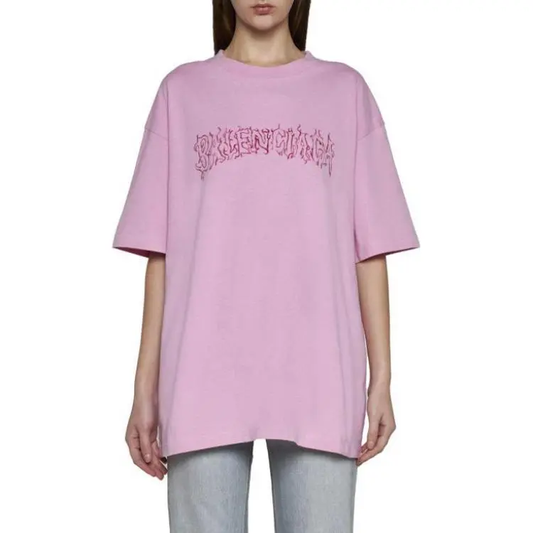 Balenciaga Drop Shoulder Sleeve T Shirt Loose Fit Women's Pink-2