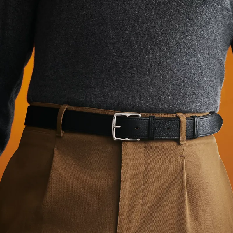HERMES Etriviere Silver Buckle Clemence Bullock Leather Belt Men's Black/Brown Width 3.2cm-1