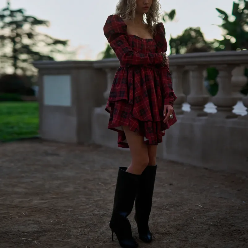 Selkie Collection FW24 Long Sleeved Dresses Women's ROYAL TARTAN Red Background Classic Square Print-3