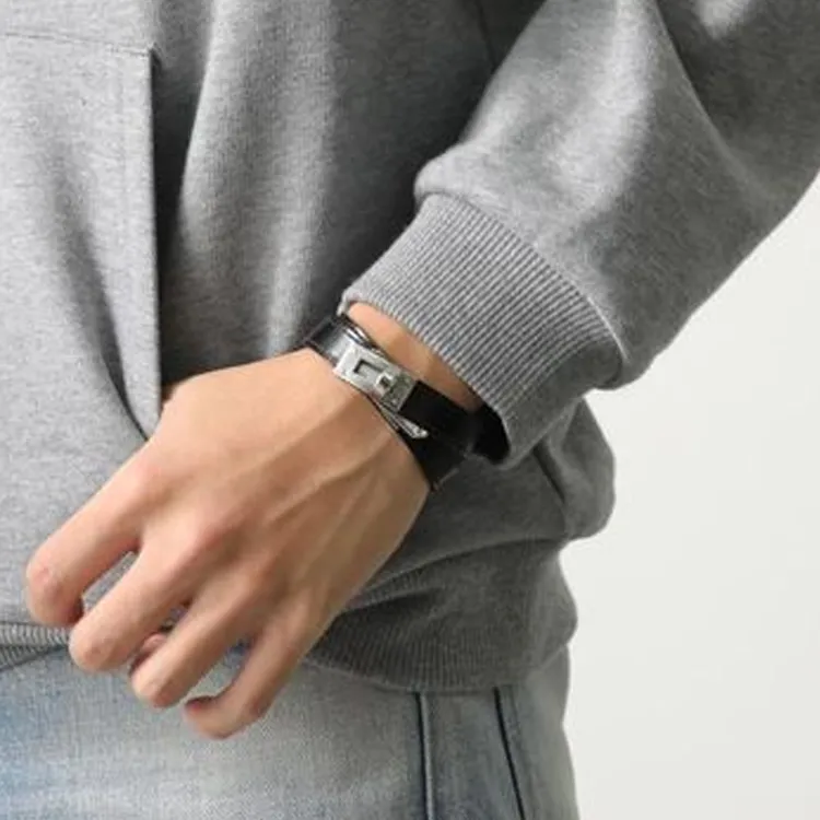 HERMES Leather Metal Bracelets Men's Black-1
