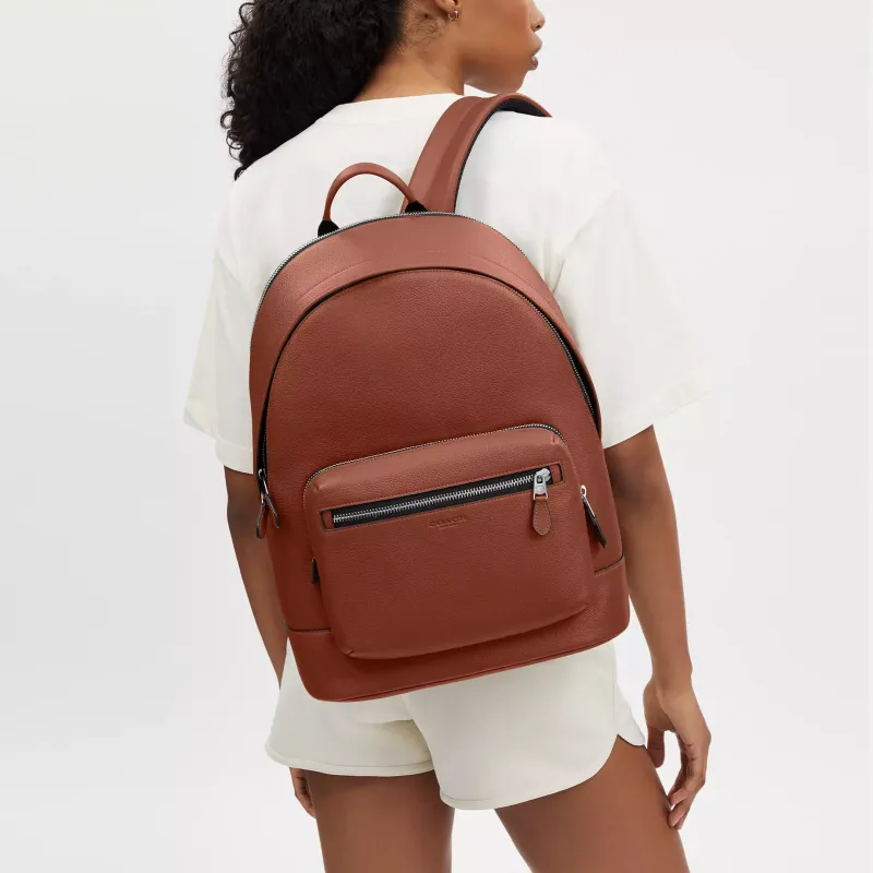 COACH West Leather Patchwork Smooth Calfskin Backpack Large Size Unisex Brown-3
