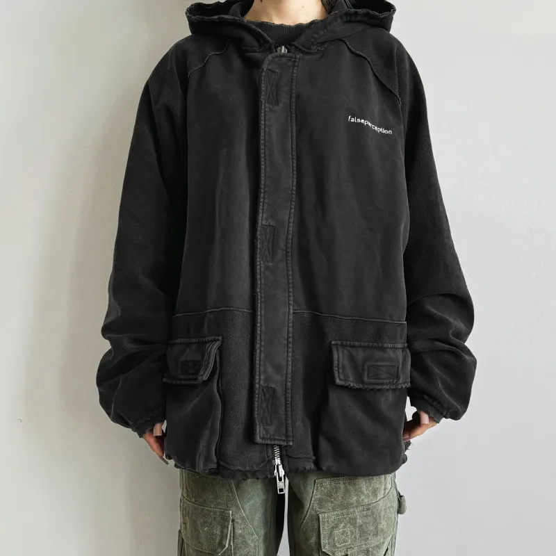 False Perception Army Cargo Parka Jackets Coats Unisex Washed Black-2