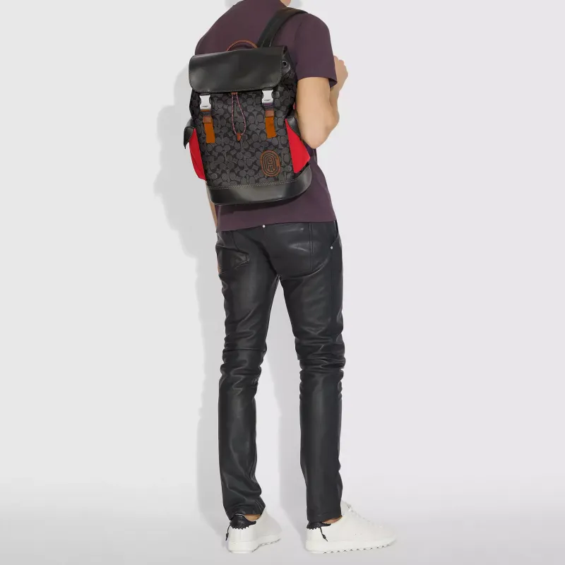 COACH Canvas Leather Backpack Large Size Men's Black Red Multicolor-3