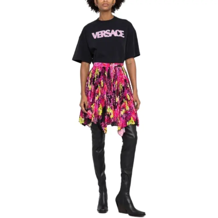 VERSACE Floral Printed Asymmetric Pleated Skirt-2