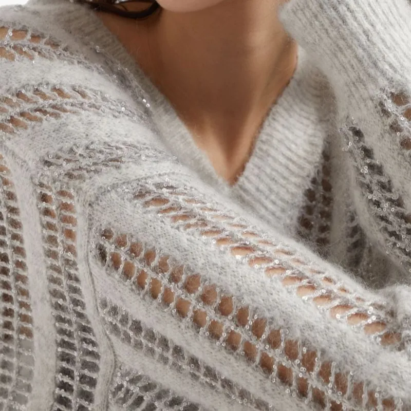 Brunello Cucinelli V Neck Open Knitted Jumper-4