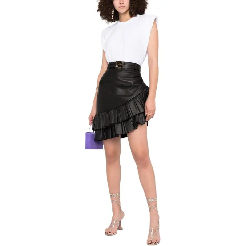 BALMAIN Short Asymmetric Ruffled Leather Skirt-2
