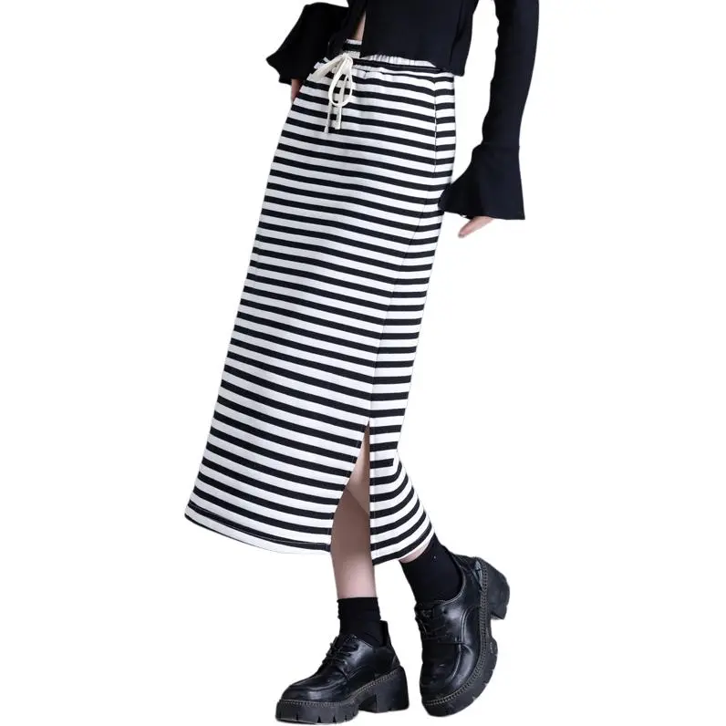 You Cow Me Pants Casual Long Skirts Women's Black White Stripes-4