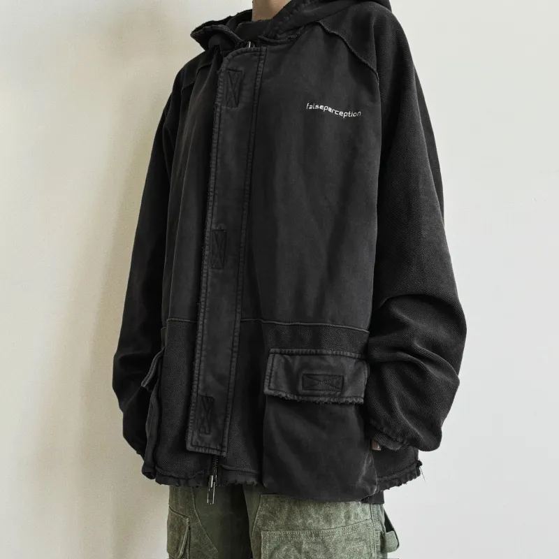 False Perception Army Cargo Parka Jackets Coats Unisex Washed Black-3