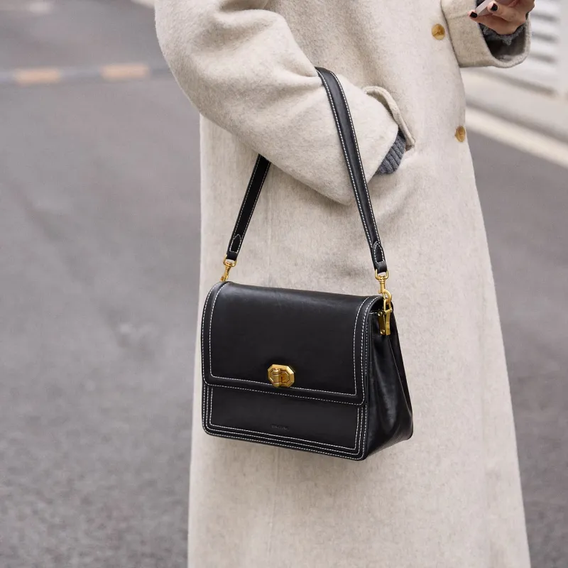 Simedin Cow Leather Crossbody Bag, Shoulder Bag, Small Square Bag Regular Women's Deep Black/Coffee-4