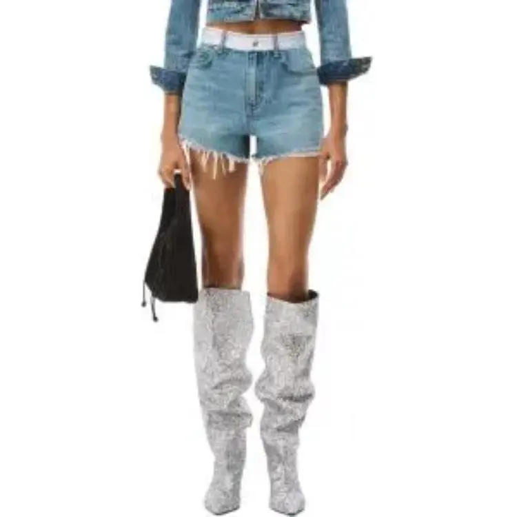 T By Alexander Wang Logo Webbing High Rise Bite Shorts Vintage Light Indigo-5
